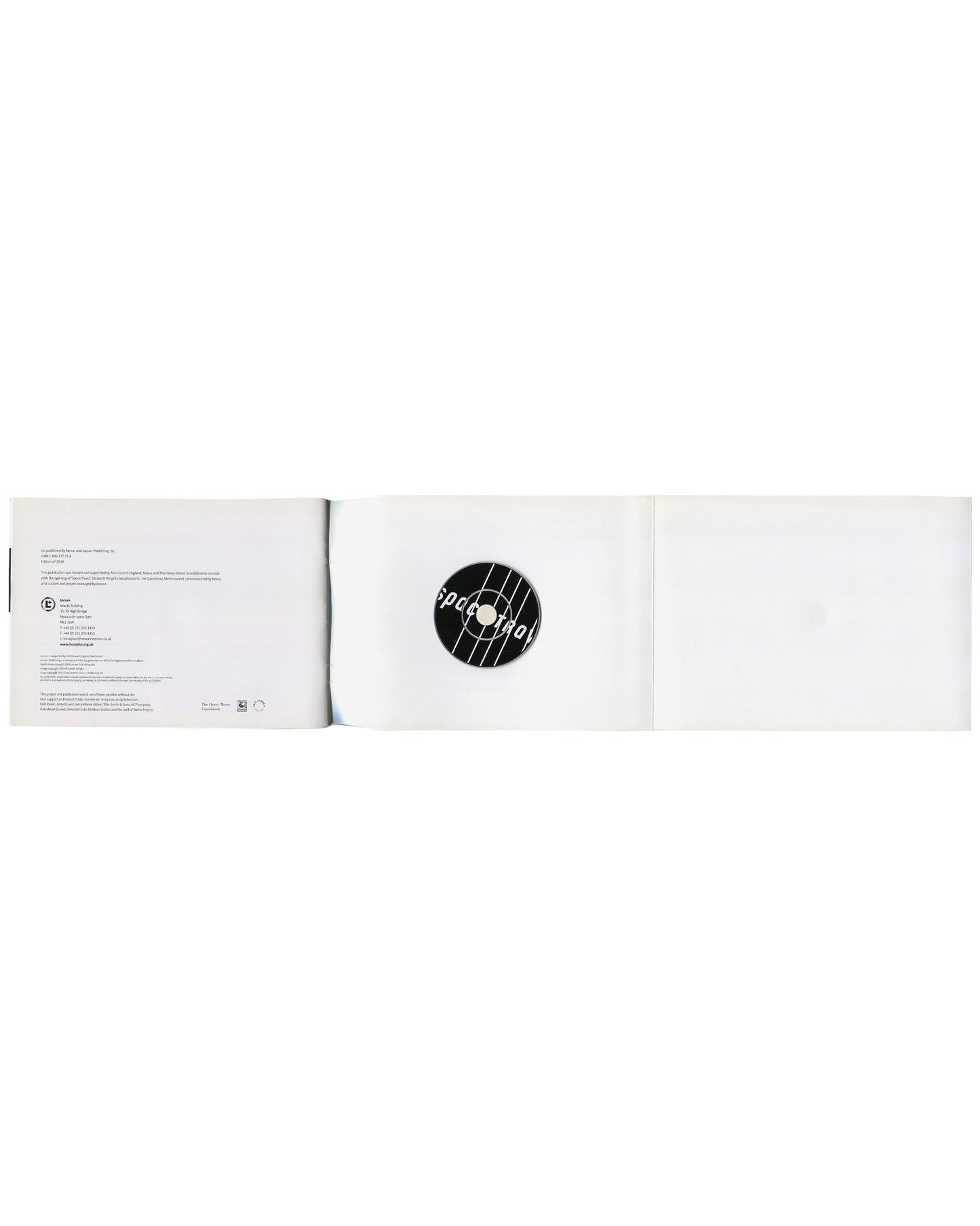Interior spread, Elizabeth Wright, Space Travel, 2005, showing three-panel layout. Left panel: colophon and publication details in small sans-serif type — title, artist, publisher Locus+, Nexus, Newcastle upon Tyne; essay credit 'Park and Ride' by Dave Beech; edition information; ISBN; website. Centre panel: white card pocket containing original CD with circular black-and-white 'space travel' graphic label. Right panel: blank white page. Staple binding visible at left edge.
