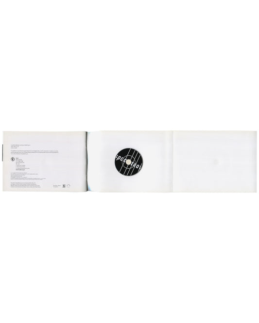 Interior spread, Elizabeth Wright, Space Travel, 2005, showing three-panel layout. Left panel: colophon and publication details in small sans-serif type — title, artist, publisher Locus+, Nexus, Newcastle upon Tyne; essay credit 'Park and Ride' by Dave Beech; edition information; ISBN; website. Centre panel: white card pocket containing original CD with circular black-and-white 'space travel' graphic label. Right panel: blank white page. Staple binding visible at left edge.