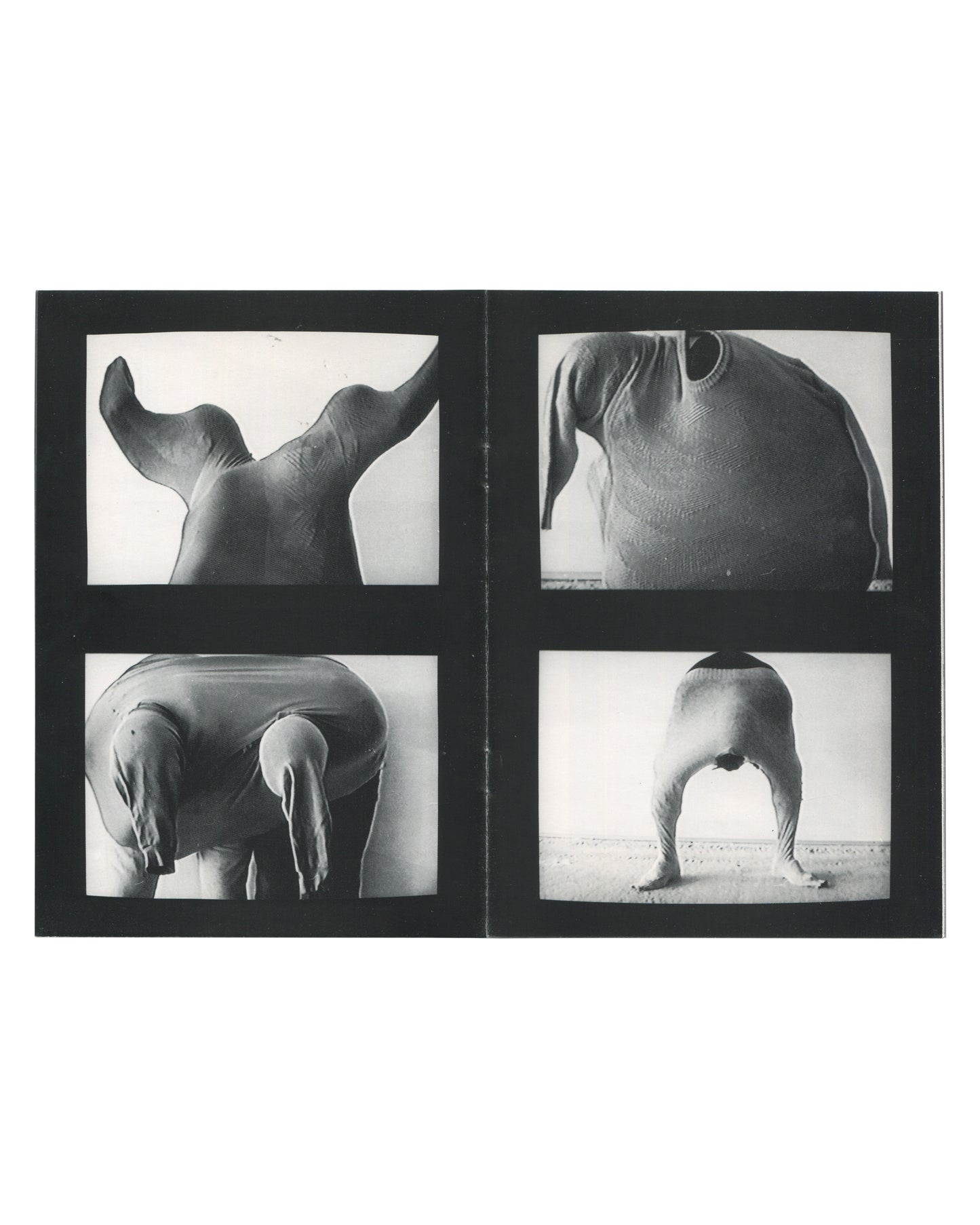 Interior spread of Erwin Wurm, Kunstverein in Hamburg / Villa Arson, 1993, showing four black-and-white photographs arranged in a two-by-two grid on a black ground, each depicting a figure whose head and upper body are entirely concealed within an oversized knitted sweater, the body contorted into abstract sculptural forms.