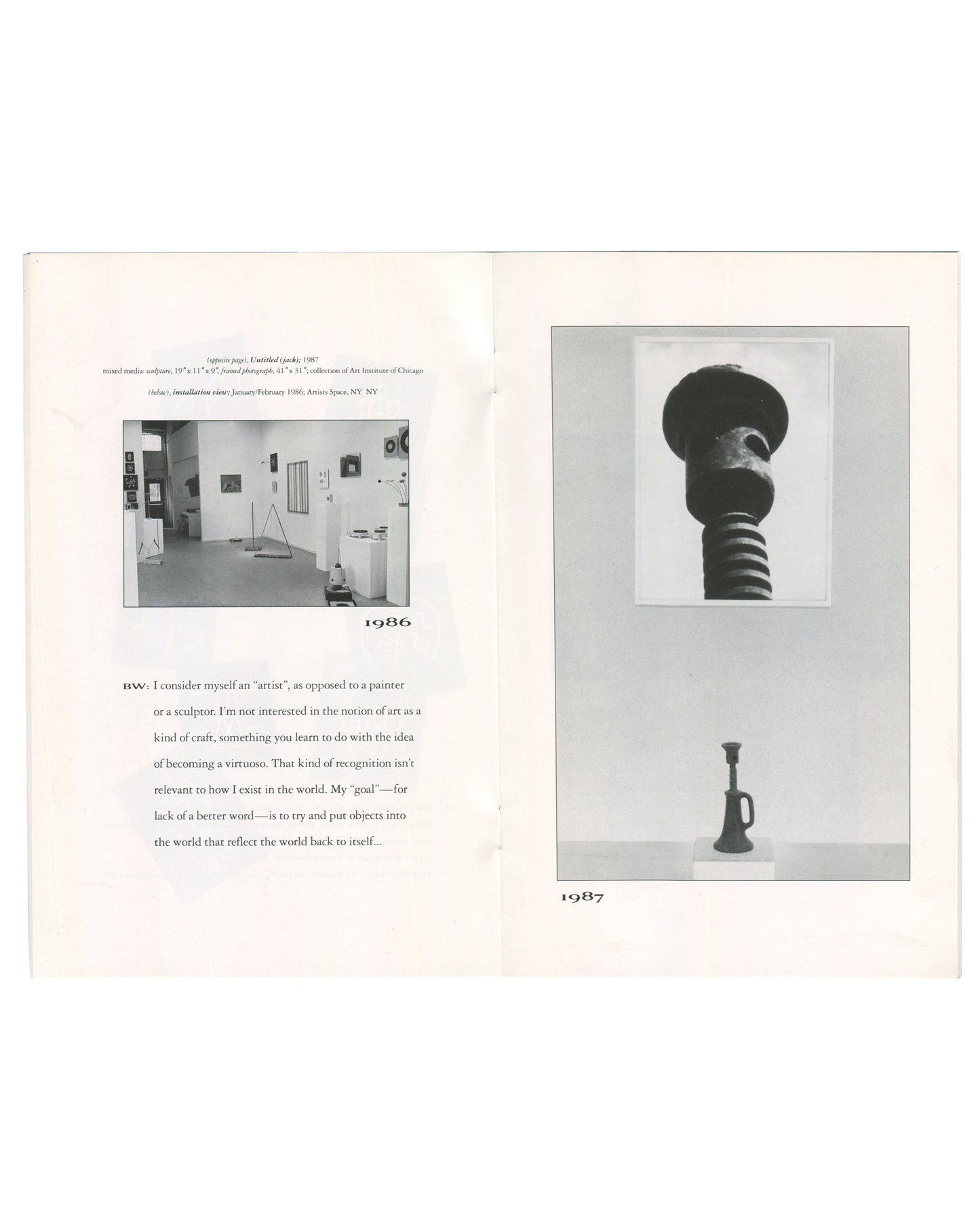 Interior spread of B. Wurtz, Daily Life, 1970–1993, Feature, New York, 1993. Left page: full-bleed black brushstroke drawing — large gestural ink form with the word 'life' written in small script within a circular mark at lower centre. Right page: title page — 'B. Wurtz / daily life / 1970–1993 / text by B. Wurtz and E.C.' Published on the occasion of the exhibition B. Wurtz: Daily Life, 1970–1993, 14 April through 15 May 1993. Reception for the artist Wednesday 14 April 1993, 6–8 pm. Feature, 484 Broome St