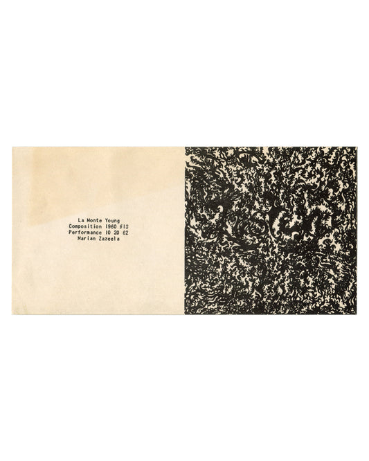 Original 1962 La Monte Young Marian Zazeela Composition 1960 #13 Performance 10 20 62 offset lithograph, New York. Left half: warm cream stock with typewritten text reading 'La Monte Young / Composition 1960 #13 / Performance 10 20 62 / Marian Zazeela'; right half: dense black abstract field of swirling organic forms, high-contrast ink on cream ground.