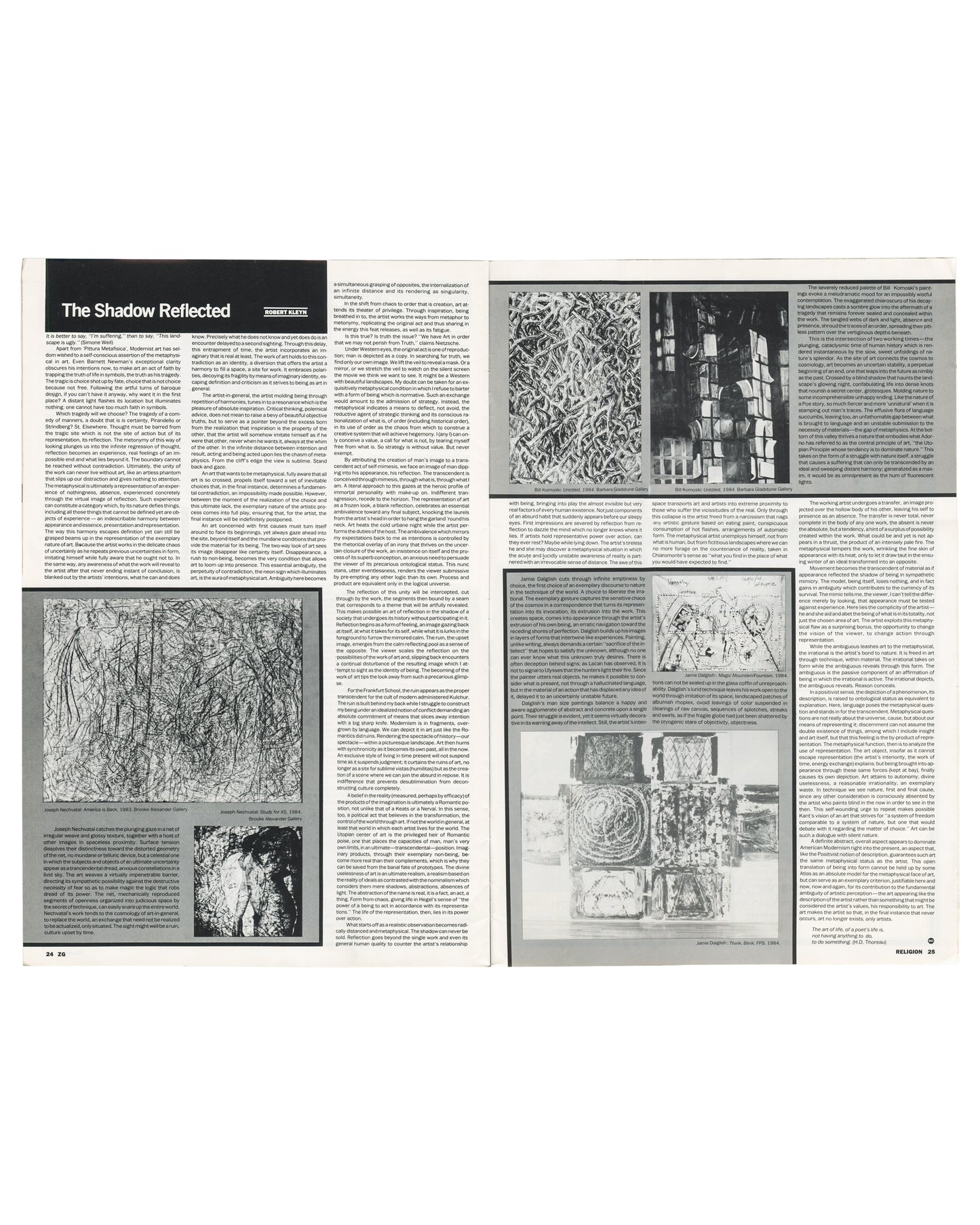 Interior spread, ZG Magazine No. 12: Religion, edited by Rosetta Brooks, New York, Fall 1984. Pages 24–25. Left page: 'The Shadow Reflected' — essay by Robert Kleyn; black-and-white reproductions of two abstract/gestural paintings by Joseph Nechvatal; dense three-column text. Right page: continuation of essay with further black-and-white reproductions of Nechvatal paintings — dense layered mark-making, figurative and abstract elements; captions include 'Joseph Nechvatal, Stink, 1984, Turman Annan Art Galler