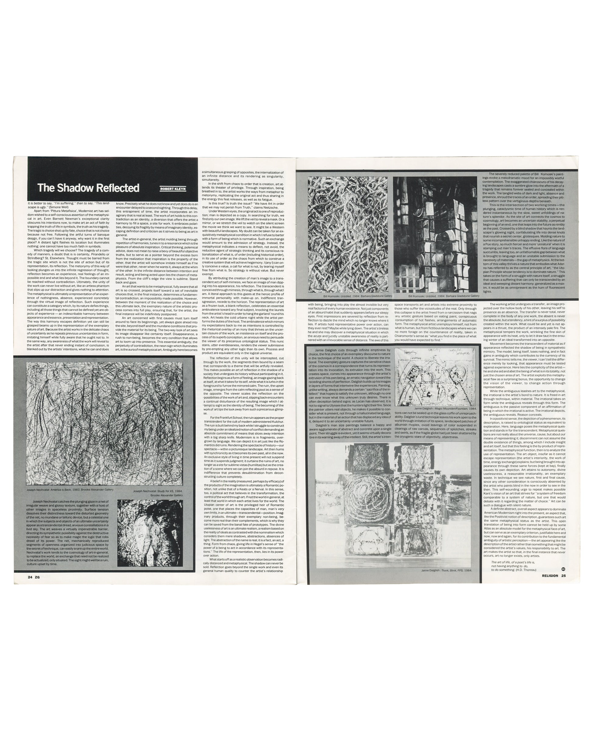 Interior spread, ZG Magazine No. 12: Religion, edited by Rosetta Brooks, New York, Fall 1984. Pages 24–25. Left page: 'The Shadow Reflected' — essay by Robert Kleyn; black-and-white reproductions of two abstract/gestural paintings by Joseph Nechvatal; dense three-column text. Right page: continuation of essay with further black-and-white reproductions of Nechvatal paintings — dense layered mark-making, figurative and abstract elements; captions include 'Joseph Nechvatal, Stink, 1984, Turman Annan Art Galler