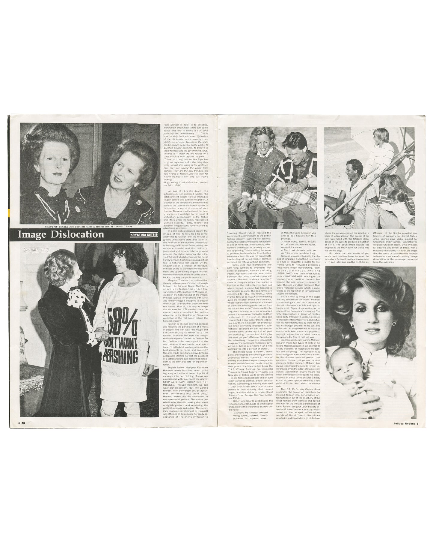 Interior spread, ZG Magazine No. 13: Political Fictions, edited by Rosetta Brooks, Spring 1985. Pages 4–5. 'Image Dislocation' — essay by Krystina Kitsis. Left page: large black-and-white press photograph of Margaret Thatcher; caption 'HEADS OF STATE: Mrs Thatcher takes a critical look at "herself" today'; below: black-and-white photograph of a woman in a '58% DON'T WANT PERSHING' protest T-shirt at a formal event; dense two-column text. Right page: grid of black-and-white press photographs — women in domes