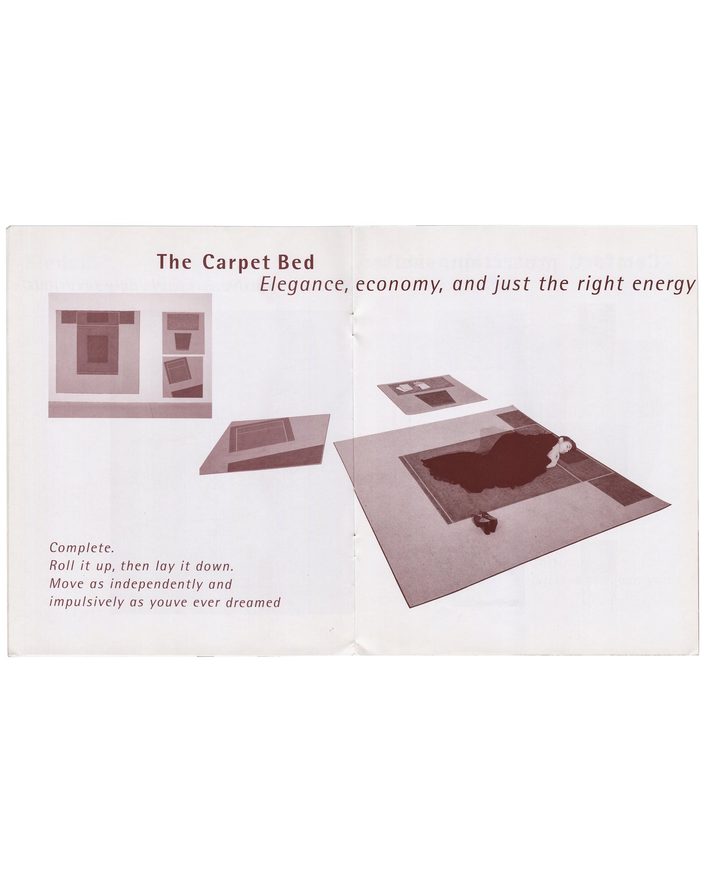 Interior spread of Andrea Zittel, Selected Sleeping Arrangements: The A-Z Bed Book, 1995, pp. 10–11. Bold heading 'The Carpet Bed / Elegance, economy, and just the right energy.' Left: colour photograph of A-Z Carpet Bed installation view — layered square carpet forms in terracotta and grey on white gallery floor, with figure lying on carpet. Upper left: smaller installation view showing carpet beds in gallery context. Lower left italic text: 'Complete. / Roll it up, then lay it down. / Move as independentl
