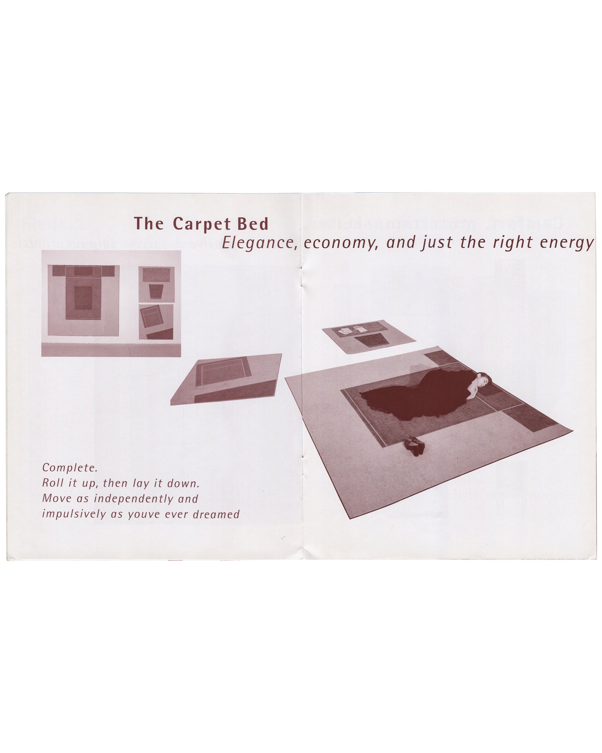 Interior spread of Andrea Zittel, Selected Sleeping Arrangements: The A-Z Bed Book, 1995, pp. 10–11. Bold heading 'The Carpet Bed / Elegance, economy, and just the right energy.' Left: colour photograph of A-Z Carpet Bed installation view — layered square carpet forms in terracotta and grey on white gallery floor, with figure lying on carpet. Upper left: smaller installation view showing carpet beds in gallery context. Lower left italic text: 'Complete. / Roll it up, then lay it down. / Move as independentl