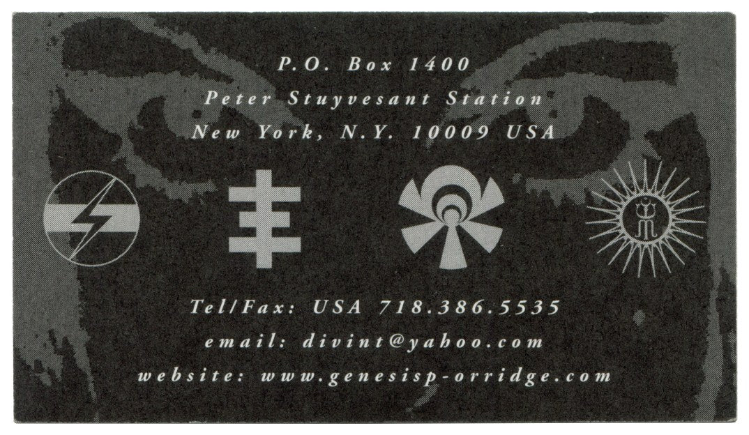 Genesis P-Orridge business card, reverse: New York P.O. box, phone, email and website over four grey sigils