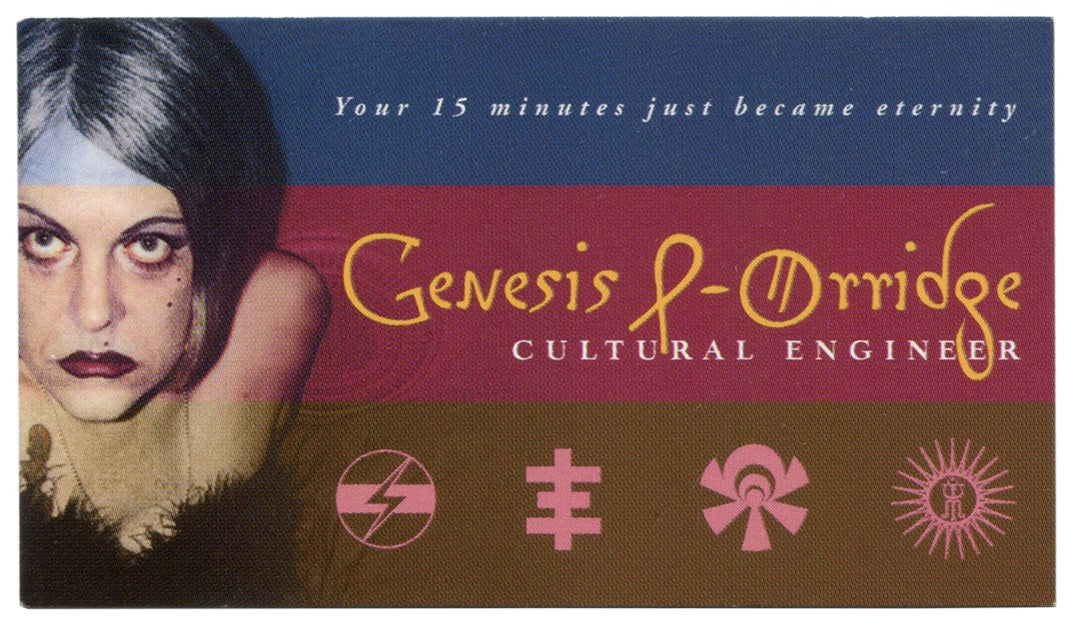 Genesis P-Orridge business card, front: portrait, Cultural Engineer, four pink sigils on blue, red and brown bands