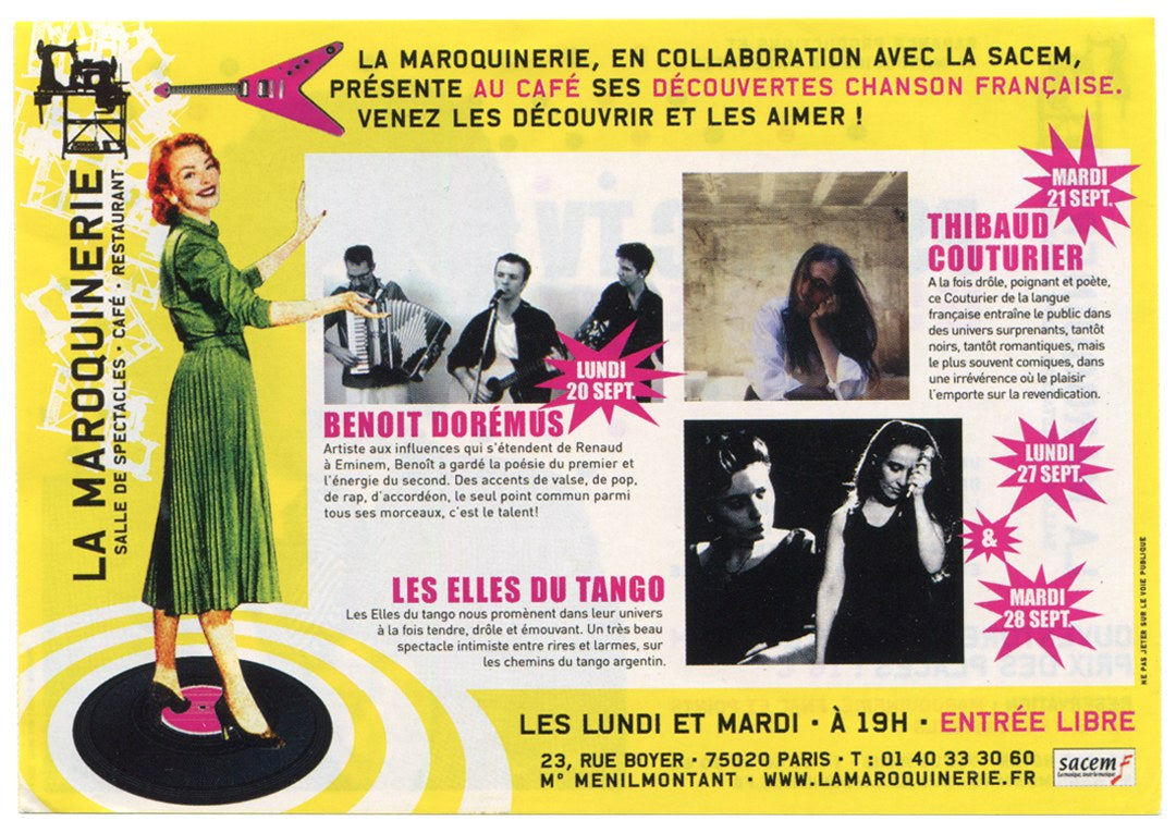 La Maroquinerie flyer reverse: chanson française evenings in the café, Paris, September 2004
