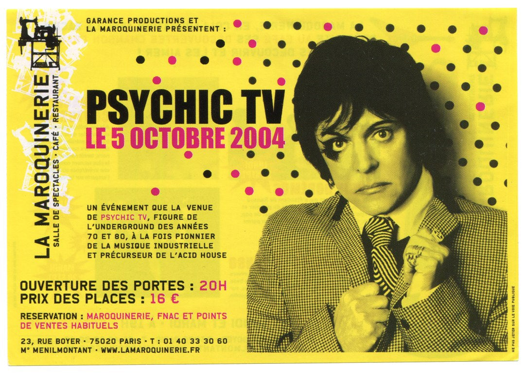 Psychic TV flyer, La Maroquinerie, Paris, 5 October 2004: portrait on yellow with black and pink dots