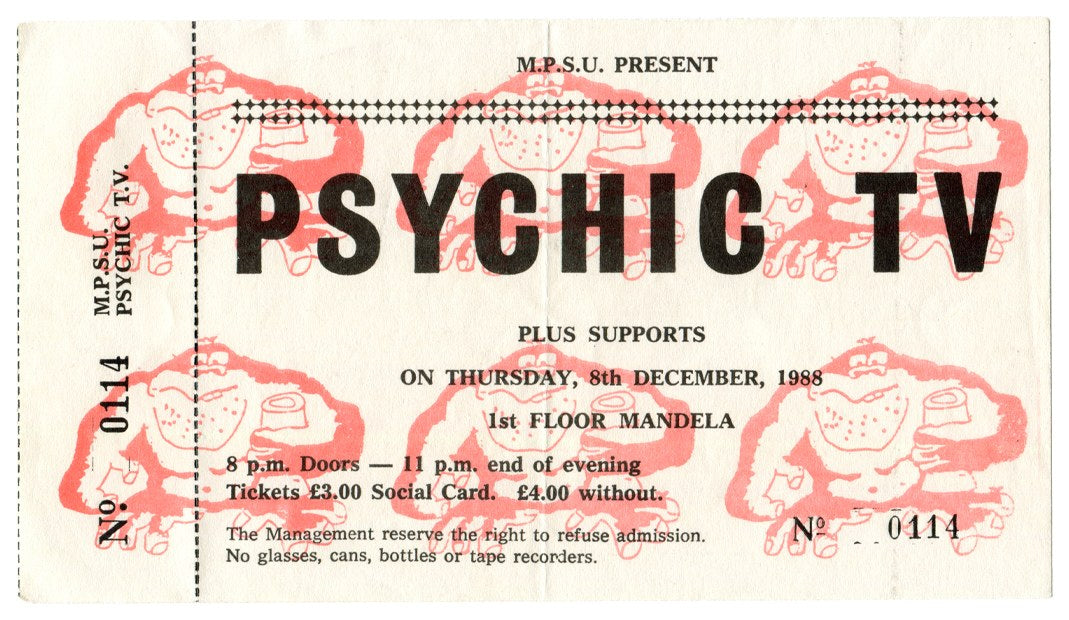 Psychic TV ticket, M.P.S.U., 8 December 1988, 1st Floor Mandela, No. 0114, black print over red gorilla drawings