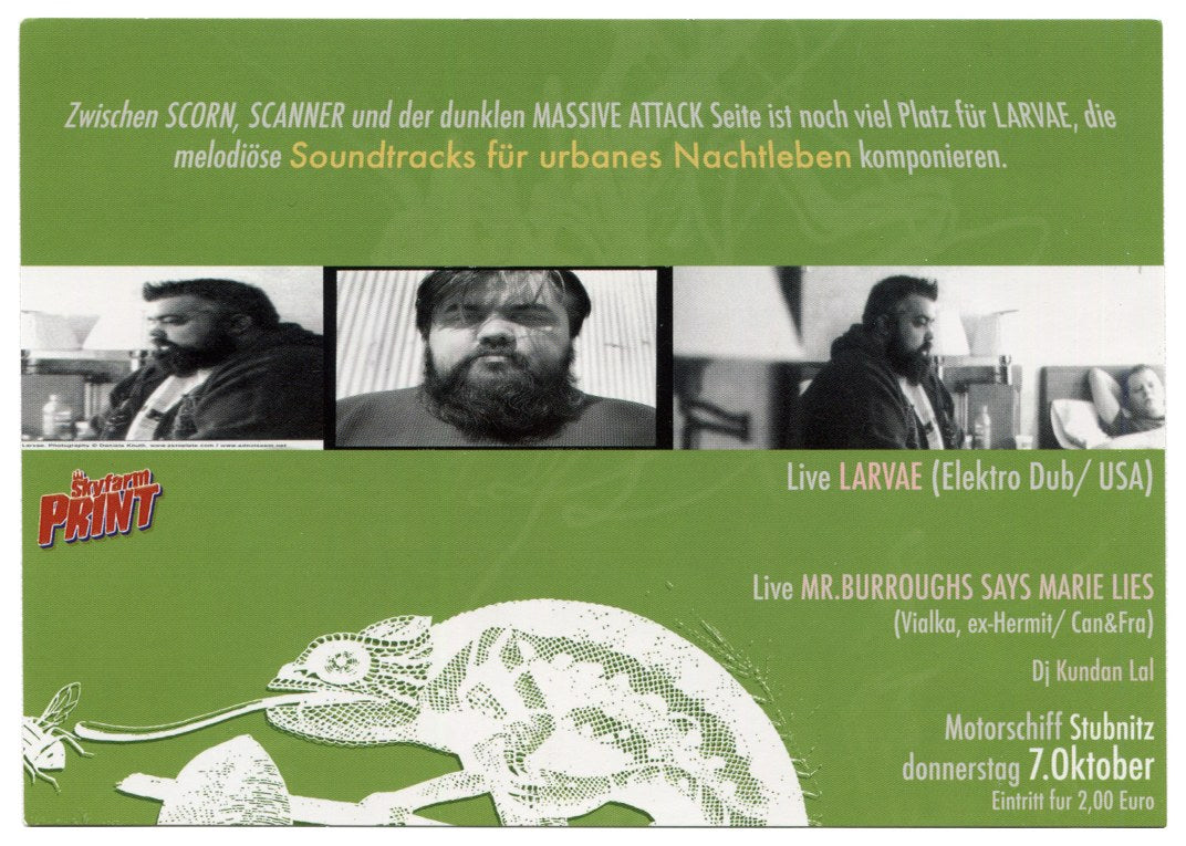 PTV3 flyer reverse in green: Larvae and Mr. Burroughs Says Marie Lies, Motorschiff Stubnitz, 7 October